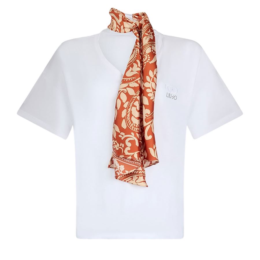 T-shirt manica corta da donna in cotone con foulard Liu Jo | WA5154J6308M9541